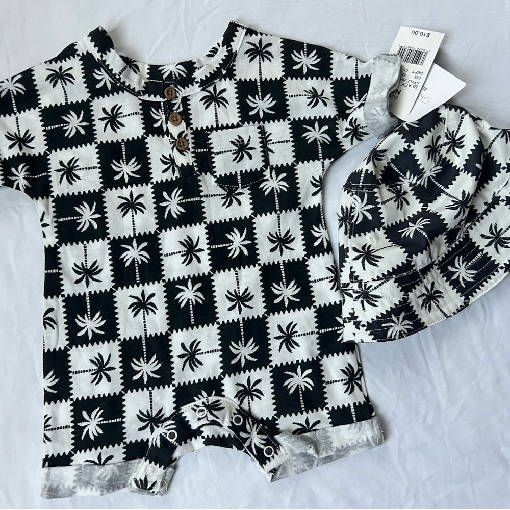 Palm-Print Black & White Baby One-Piece with Matching Hat